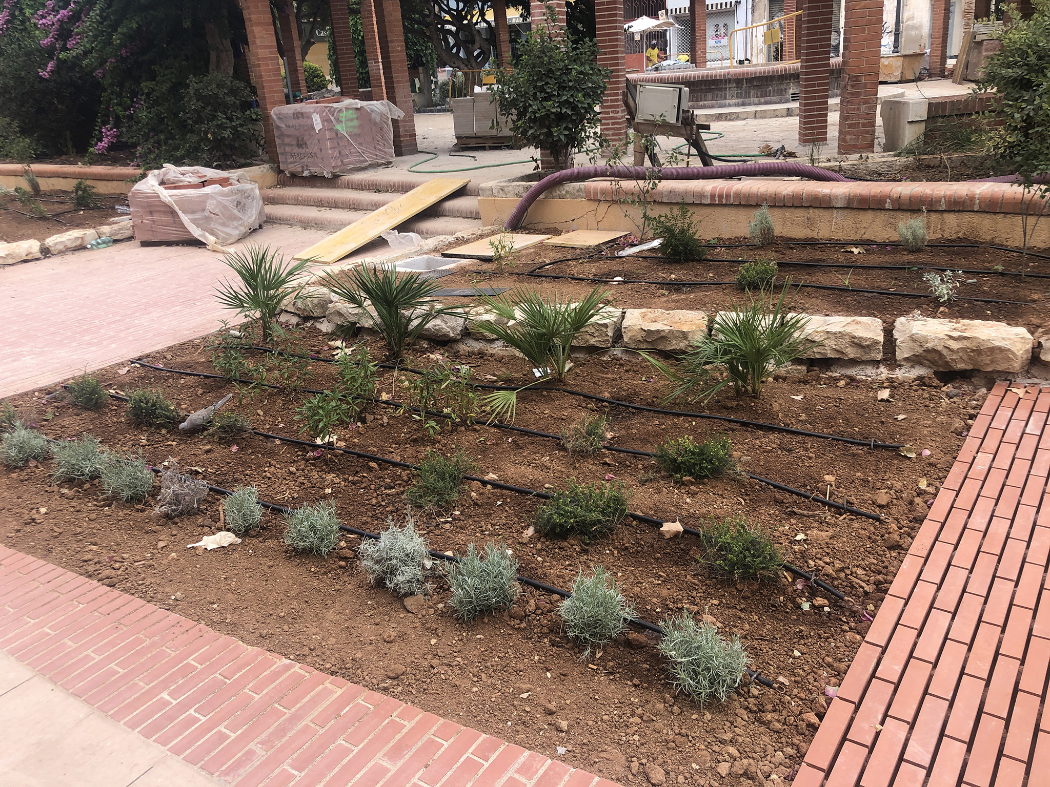 Jardinera de la Glorieta tras plantar la decoración floral