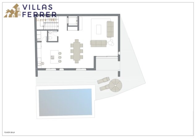 distribucion de la planta principal con terraza y piscina